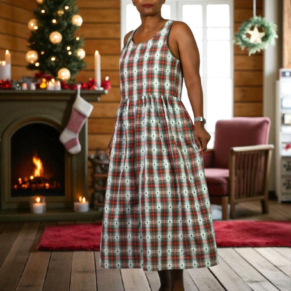 Handmade Plaid Christmas Tree Dress Red Tartan Jumper Pinafore Festive Medium - Picture 11 of 16